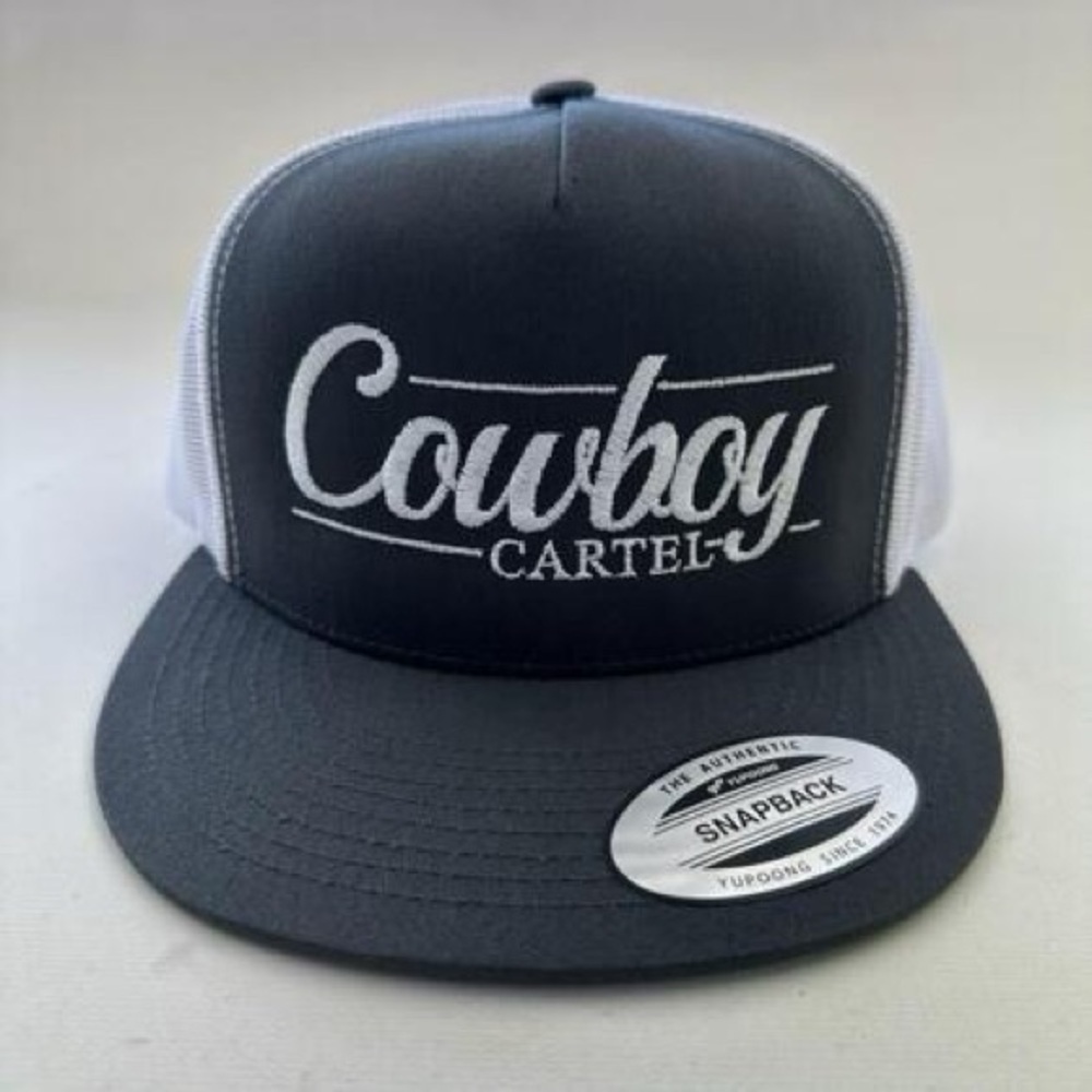 Cowboy Cartel Flat Bill Trucker Mesh Snapback Cap Hat Gray& White Embroidered